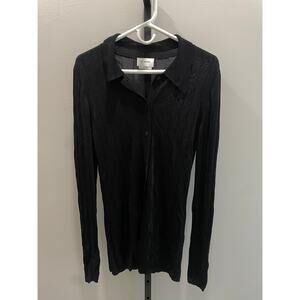 St John Polo Collar Cardigan Womens L Black Ribbed Santana Knit Rayon Button Up